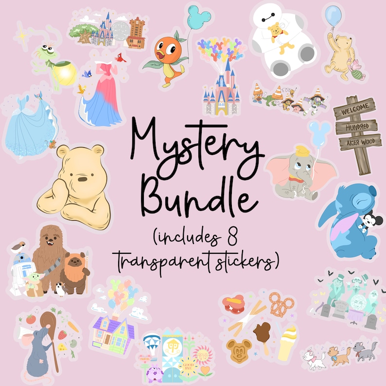 Op de afbeelding: Een roze achtergrond met een verscheidenheid aan kleurrijke cartoon stickers met personages uit Disney- en Pixar-films. De tekst "Mystery Bundle (includes 8 transparent stickers)" staat in het zwart onderaan de afbeelding.