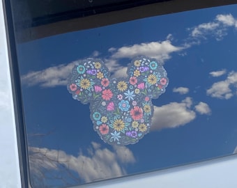 Floral Mickey Head Sticker Disney Sticker, car sticker, waterproof, weatherproof, Disney gift, laptop sticker, Disneyland, transparent