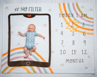 Baby Milestone Blanket, Baby Shower Gift, Rainbow, Track Baby Growth, Monthly Growth Blanket, Baby Keepsake Gift, Newborn Photos