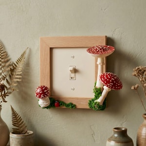 Mushroom Wooden Switch Plate Frame, Whimsical Cottagecore Wall Decor, Clay Toadstool Fairy Tale Light Switch Cover Surround,  Housewarm Gift