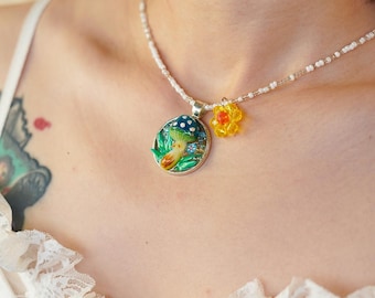 Handmade Polymer Clay Mushroom Necklace – Crystal Pendant, Boho Fairycore Cottagecore Jewelry, Forest Magic Gift for Her