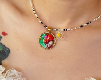 Handmade Polymer Clay Mushroom Necklace – Boho Fairycore Cottagecore Pendant, Whimsical Forest Jewelry, Fantasy Gift for Her