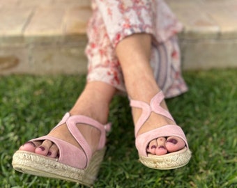 Ysbel Alpercatas Cunha Camurça 7cm & Plataforma 2.5cm, Feito à Mão Espanha, Palmilha Gel Plus, Fecho Fivela