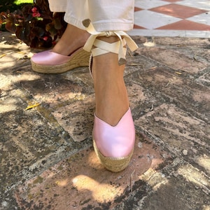 Handmade Spanish espadrilles wedge, 4-inch Jute Wedge, Gel Plus insole, Cotton Ribbon Closure, Cotton Braided Heel Pad