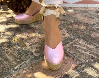 Only U.S. | Handmade Spanish Satin Espadrilles Wedge Sandals – Free US Shipping & Duties Included, 3.7-Inch Jute Heel, Gel Insole