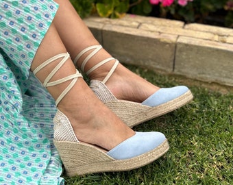 Keil-Espadrilles Damen, Handgemacht in Spanien, 9,5 cm Keil, Gel Plus Einlage, Verschluss mit Baumwollbändern, Baumwollferse