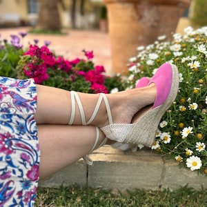 Handmade Spanish espadrilles wedge, 4-inch Jute Wedge, Cotton Ribbon Closure, Cotton Braided Heel Pad