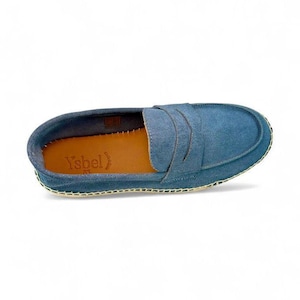 Men’s Blue Sky Denim Suede Loafers Handmade in Spain – Artisan Summer Shoes – Jute Sole Leather Insole – Casual Chic Loafers