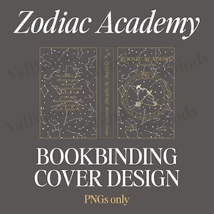 Puede incluir: Un diseño de portada de encuadernación con el texto "Zodiac Academy" en blanco. El diseño incluye un patrón de constelación y las palabras "Restless Stars". La parte inferior de la imagen dice "BOOKBINDING COVER DESIGN" y "PNGs only".