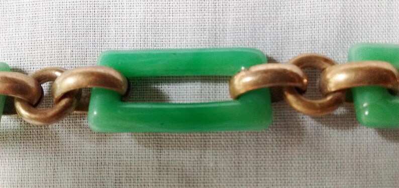 Vintage Jade Green Czech glass links Art Deco gilded chain bracelet