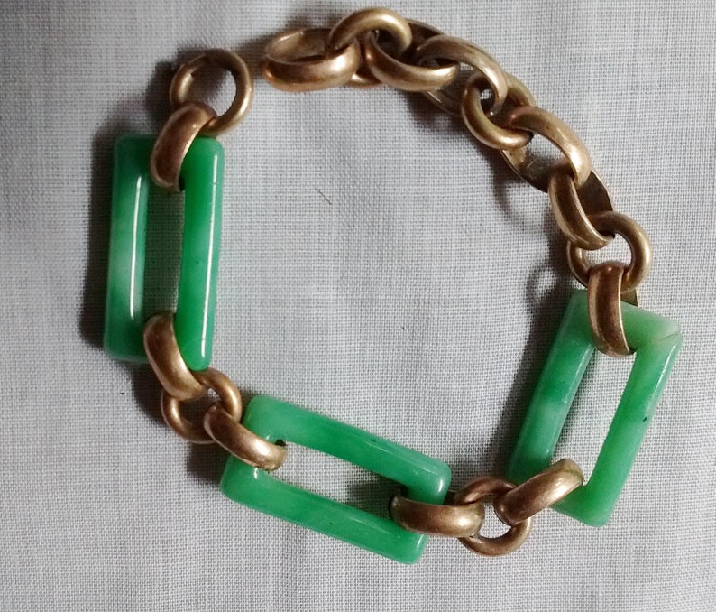 Vintage Jade Green Czech glass links Art Deco gilded chain bracelet