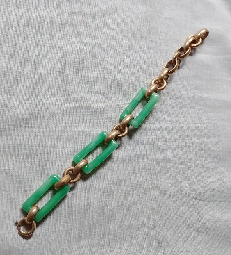 Vintage Jade Green Czech glass links Art Deco gilded chain bracelet