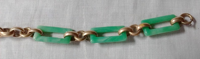Vintage Jade Green Czech glass links Art Deco gilded chain bracelet
