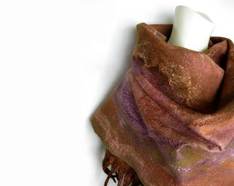 Scarf, Merino Wool Silk Wrap, Pink Purple Felted Shawl, Soft Scarf