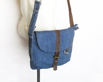 Small Messenger Bag, Cross Body Bag, Recycled Jeans and Leather Bag