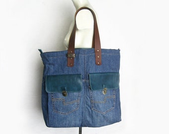 Tote Bag, Recycled Shoulder Bag, Zippered Jeans Bag, Sustainable Bag, Western Pocket Bag, Blue Denim Top Handles Bag