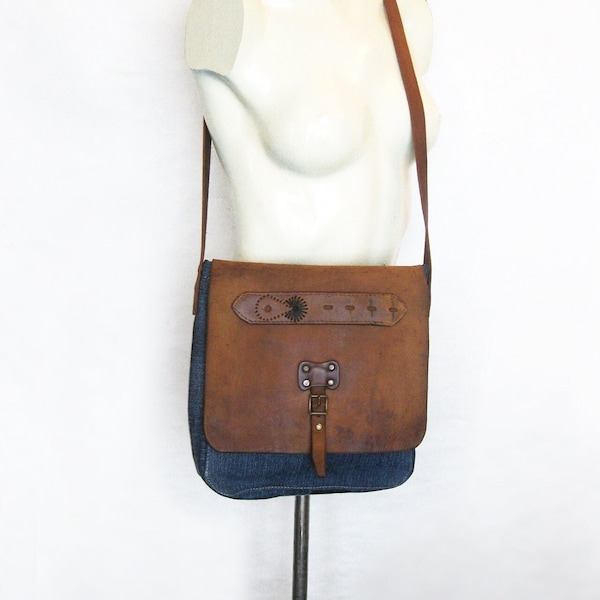 Kleine Tasche, Leder Jeanstasche, recycelte Satchel, Messenger Bag, Schultertasche, Crossbody