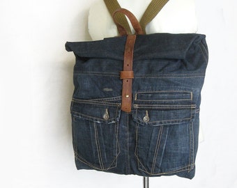 Rucksack, Laptoptasche, Schultasche, Recyceltes Leder Denim Rucksack