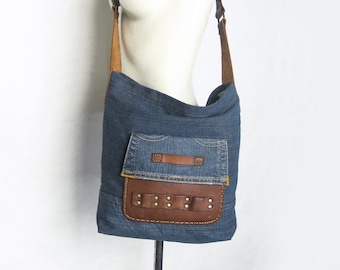 Shoulder Bag, Denim Side Bag, Recycled Satchel, Messenger Bag, Small Crossbody Bag, Zippered Bag