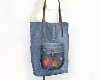 Denim Tote Bag, Embroidered Bag, Recycled Jeans Bag,