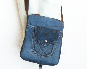 Small Cross body Bag, Zippered Shoulder Bag, Denim Bag, Cyclist Bag, Blue Satchel