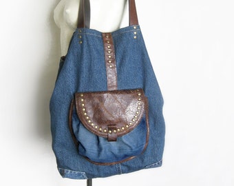 Market Bag, Jeans Bag, Denim Bag, Recycled Jeans Tote Bag, Patchwork Bag, Blue Shoulder Bag, Beach Bag, Top Handle Weekender