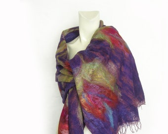 Felted Scarf, Silk Wool Scarf, Spring Floral Shawl, Felted Wrap, Woollen Scarf, Nuno Felted Floral Scarf, Extra Long Scarf