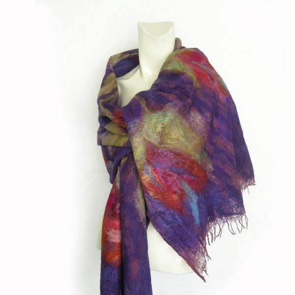 Felted Scarf, Silk Wool Scarf, Spring Floral Shawl, Felted Wrap, Woollen Scarf, Nuno Felted Floral Scarf, Extra Long Scarf