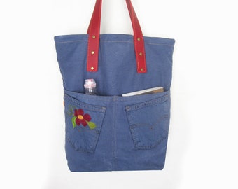 Tote Bag, Jeans Bag, Shopping Bag, Leather Denim Every Day Bag, Blue Red Shoulder Bag, Recycled Pockets Bag