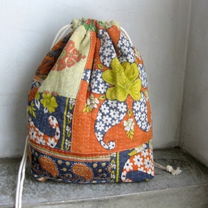 Organizer Sack, Craft Bag, Project Pouch, Running Stitch Embroidery Sack, Kantha Patchwork Sac, Large Pouch, Drawstring Bag
