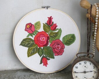 Embroidery Hoop Art, Handmade Roses Embroidery, Hoop Stitched Needlework, Home Decor, Flowers Wall Decoration