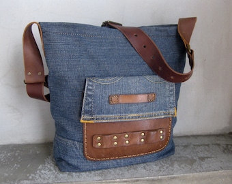 Shoulder Bag, Denim Side Bag, Recycled Satchel, Messenger Bag, Small Crossbody Bag, Zippered Bag