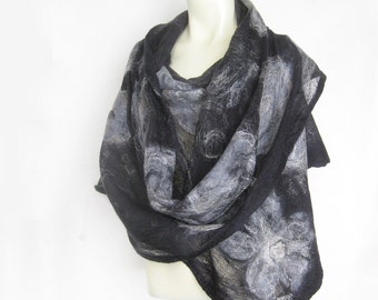 Scarf, Wrap, Shawl, Evening Shawl, Cotton Wool Wrap, Spring Shawl, Merino Wool and Cotton Gauze Shawl, Nuno Felt, Black Gray