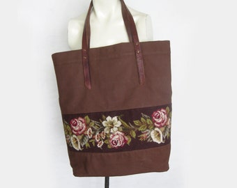 Tote Bag, Embroidered Brown Bag, Shoulder Bag, Large Market Bag, Canvas Leather Bag, Top Handle, Boho Chic Floral Gobelin