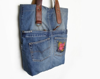 Jeans Bag, Blue Tote Bag, Weekender Bag, Recycled Bag, Denim Shopping Bag, Jeans Shoulder Bag