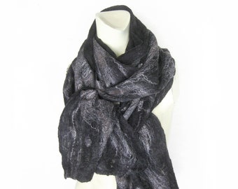 Nuno Felt Scarf, Silk Wool Wrap, Black Evening Shawl, Black Silver Scarf, Merino Yak Wool Shawl