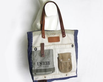 Shoulder Bag, Market Tote Bag, Recycled Jean Canvas Bag, Patch Bag
