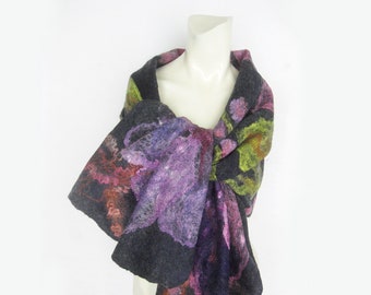 Felted Scarf, Silk Wool Scarf, Winter Shawl, Felted Wrap, Woollen Scarf, Spring Floral Scarf