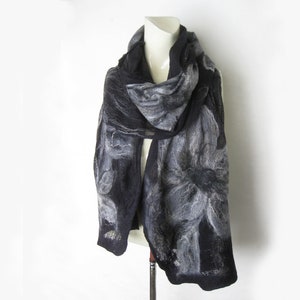 Scarf, Wrap, Shawl, Evening Shawl, Cotton Wool Wrap, Spring Shawl, Merino Wool and Cotton Gauze Shawl, Nuno Felt, Black Gray 画像 3