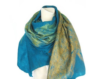 Scarf, Felted Wool Silk Wrap, Turquoise Chartreuse Shawl, Spring Scarf, Light wool Shawl