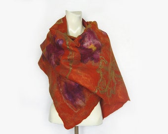 Felted Wool Silk Shawl, Orange Purple Floral Scarf