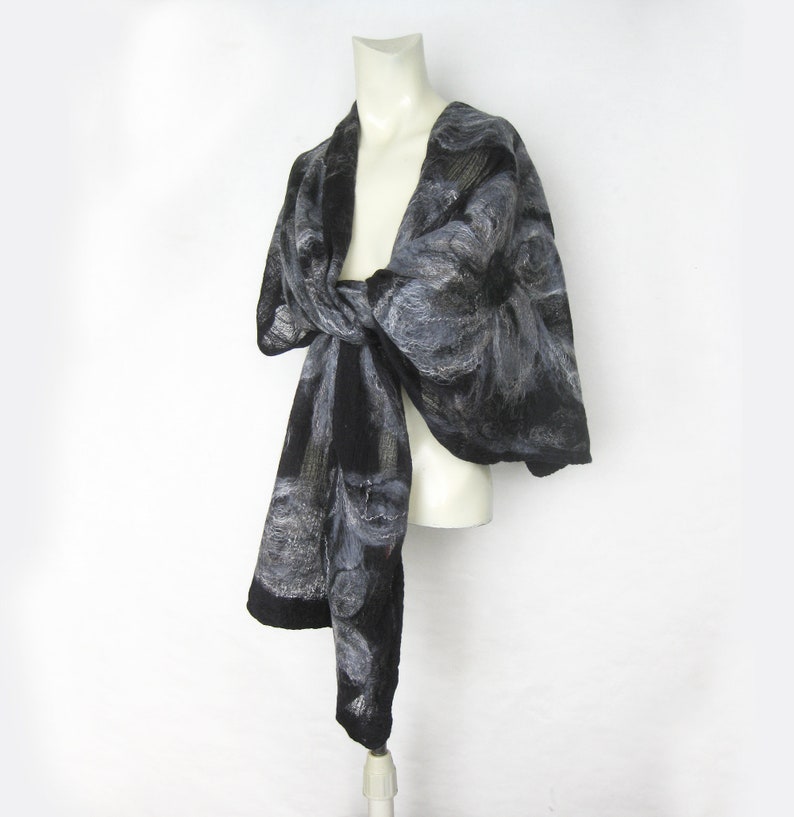 Scarf, Wrap, Shawl, Evening Shawl, Cotton Wool Wrap, Spring Shawl, Merino Wool and Cotton Gauze Shawl, Nuno Felt, Black Gray image 6