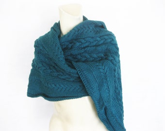 Scarf, Hand Knitted Dark Teal Cable Scarf, Long Winter Scarf, Men Scarf, Woman Scarf, Warm Oversized Scarf