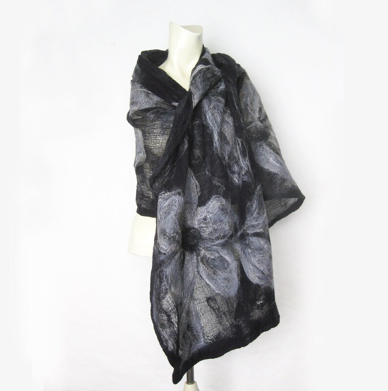 Scarf, Wrap, Shawl, Evening Shawl, Cotton Wool Wrap, Spring Shawl, Merino Wool and Cotton Gauze Shawl, Nuno Felt, Black Gray 画像 2