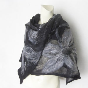 Scarf, Wrap, Shawl, Evening Shawl, Cotton Wool Wrap, Spring Shawl, Merino Wool and Cotton Gauze Shawl, Nuno Felt, Black Gray image 7