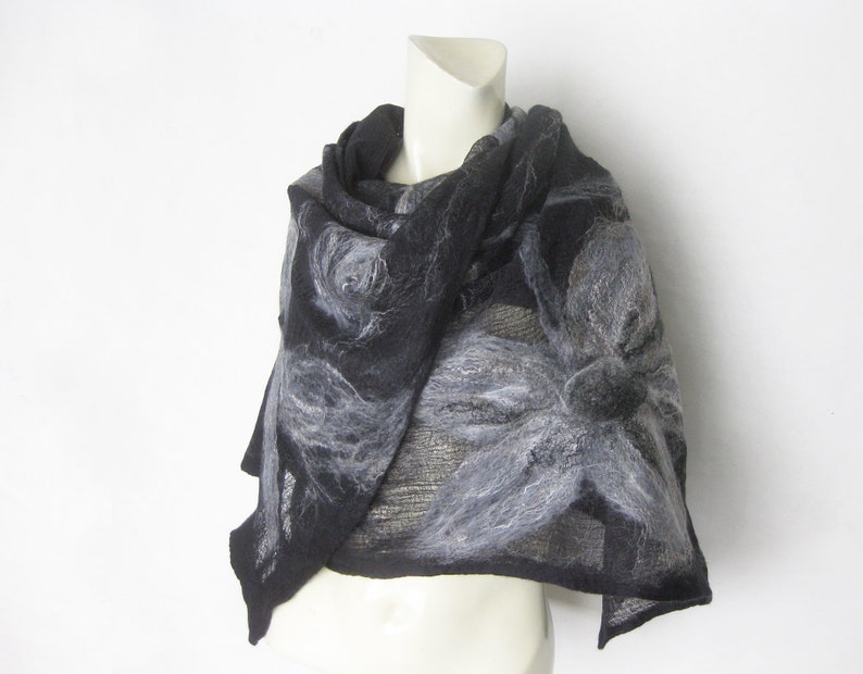 Scarf, Wrap, Shawl, Evening Shawl, Cotton Wool Wrap, Spring Shawl, Merino Wool and Cotton Gauze Shawl, Nuno Felt, Black Gray image 7