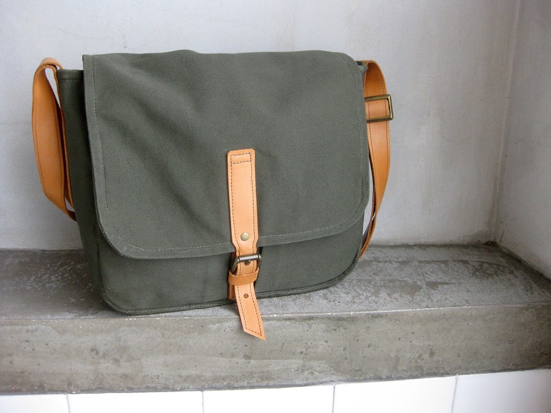 Side Bag Messenger Bag Canvas Leather Bag Army Green Postman Bag Canvas Crossbody Bag Everyday Shoulder Bag