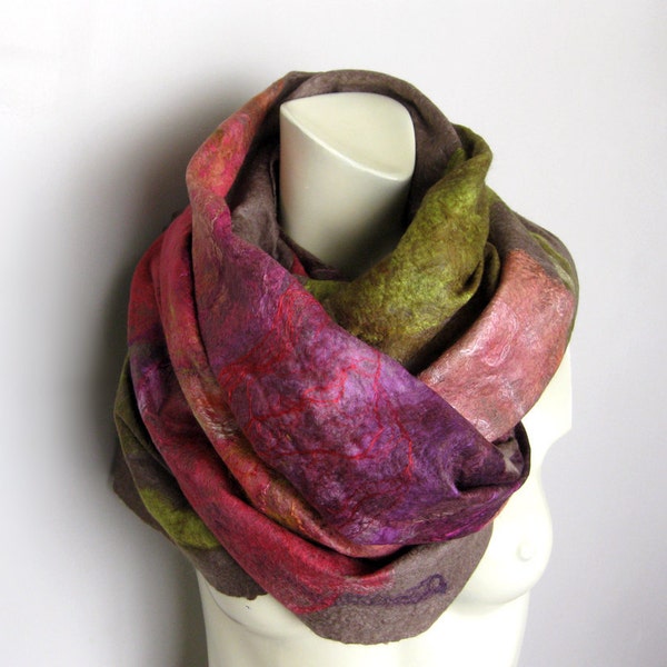 RESERVED for Moni Cobweb Felted Scarf Wool Silk Shawl Ash Brown Floral Pink Purple Green