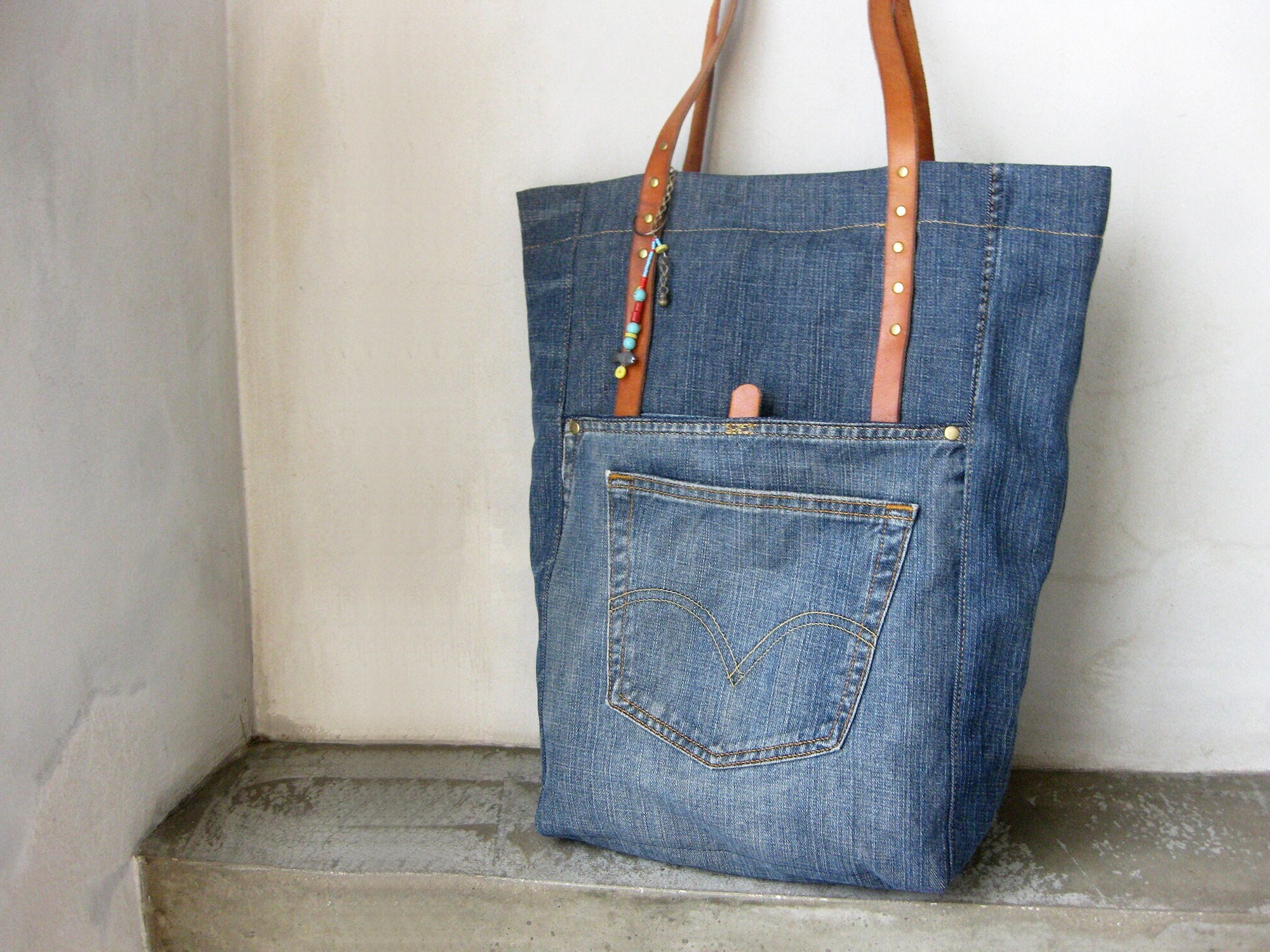 Weston Recycled Patchwork Denim and Leather Tote Bag Dark Brown