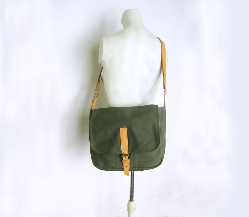 Side Bag Messenger Bag Canvas Leather Bag Army Green Postman Bag Canvas Crossbody Bag Everyday Shoulder Bag
